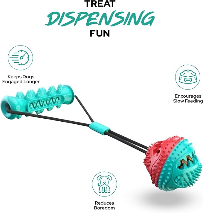 Tail Town Dog Toy Ball with Handle, TPR Rubber Treat Dispensing Ball for Dogs, Tug of War & Fetch Toy, Textured Chew Ball for Small Medium Large Dogs
