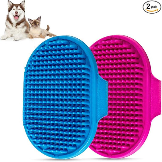 Dog Bath Brush Pet Bath Comb Brush Soothing Massage Rubber Comb 2pcs with Adjustable Ring Handle for Long Short Haired Dogs and Cats (Blue+Rose)