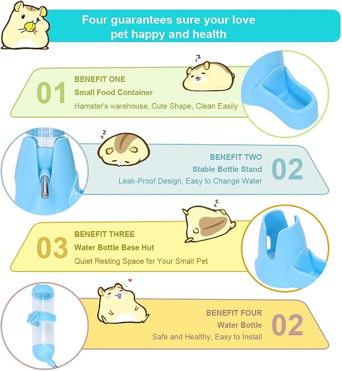 Litewoo 3 in 1 Hamster Water Bottle Small Animal Water Bottle with Food Container Base Hut Hanging Pet Automatic Feeding Drinking Dispenser for Dwarf Hamster Rats Mouse Gerbil Mice