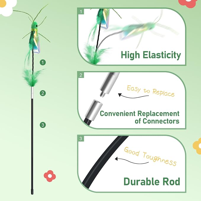 SONGWAY Cat Bug Toy Wand - Cat Teaser Wand Toy with 4 Pcs Cute Insect Feather cat Toy Replacements, Interactive Cat Toys Bug for Indoor Cats Kittens