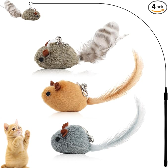 Andiker Cat Wand Toy, 3 Pack Plush Mouse Shapes Cat Feather Toys Refills with Bells and a 35.8'' Long Flexible Cat Stick, Interactive Cat Toys for Indoor Cats to Chase Beat Chew