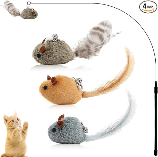 Andiker Cat Wand Toy, 3 Pack Plush Mouse Shapes Cat Feather Toys Refills with Bells and a 35.8'' Long Flexible Cat Stick, Interactive Cat Toys for Indoor Cats to Chase Beat Chew