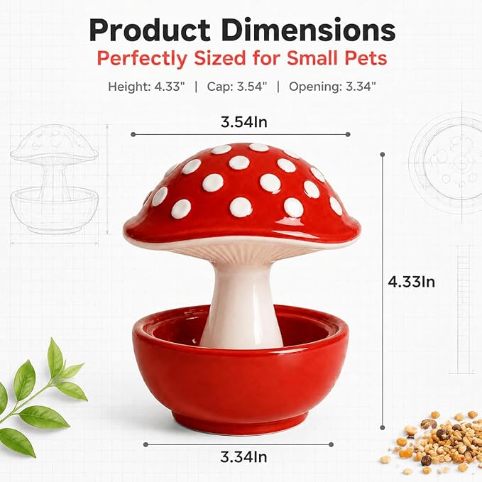 Ceramic Mushroom Bird Feeder No Mess, Spill Proof Bird Food and Water Bowl for Cage, Covered Dispenser for Parakeet, Budgie, Cockatiel, Lovebird, Hamster Accessories, 4.3" Tall