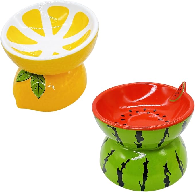 Hamiledyi Ceramic Raised Cat Bowl 2PCS Anti Vomiting Elevated Tilted Cat Food & Water Bowls Pet Feeder Dish for Indoor Kitty and Small Dogs (Watermelon & Lemon)