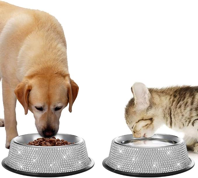 SAVORI Bling Dog Bowls White, 640ML Handmade Bling Rhinestones Stainless Steel Pet Bowls Double Food Water Feeder for Puppy Cats Dogs - Set of 2