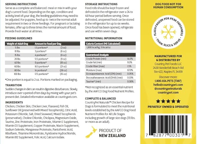 New Zealand Chicken Frozen Fresh Dog Food, High-Protein 91% Grass-Fed Free-Range Meat, Gently Cooked, Grain-Free, Omega-3s, 8 Rolls (12 lb Case)