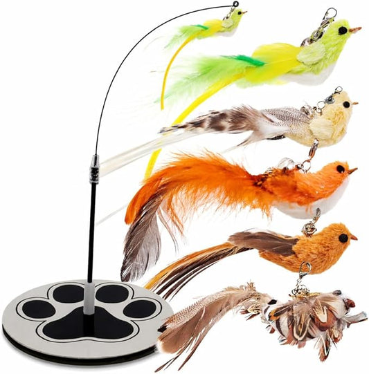 Bird Toy for Cats - 5 Pack Natural Feathers Stable Round Base - Interactive Wand Teaser - Self Play Hunting Enrichment - Bored Indoor Adult Feline Activity - Stimulating Kitten Juguetes para Gatos