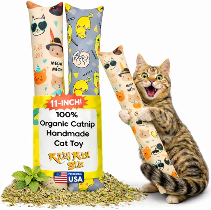 Kitty Kick Stix Set of 2 (11") - Durable Kicker Cat Toy - Catnip Kicker for Cats & Kittens - Interactive Toys for Cats - Cat Kick Stick - 100% Potent Organic Catnip for Indoor Cats