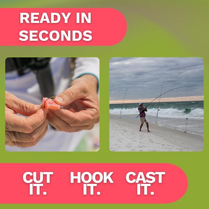 FishGum Surf Fishing Bait Strips for Saltwater Beach Fishing – Real Shrimp, Crab, Clam & Sand Flea Infused Scent – Artificial Cut Bait for Pompano, Redfish & Flounder