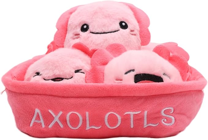 Pink Axolotl Plush Toy Set, 5pcs Cute Smiling Axolotls in Soft Basket, 7.87in Stuffed Animal Plushies for Kids, Friends, Birthday, Christmas, Room Decor