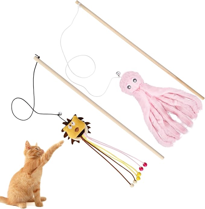 2-Pack Cat Toy Wand Set: Interactive Cat Teaser Wands with Bells and Streamers to Engage Your Cat’s Natural Instincts (Dog and Octopus)
