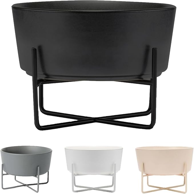 Waggo Simple Solid Dog Bowl and Dog Bowl Stand - Single Iron Stand with Single Ceramic Feeder or Water Bowl, Small or Large Dog Elevated Pet Feeder (Small, Matte Black)