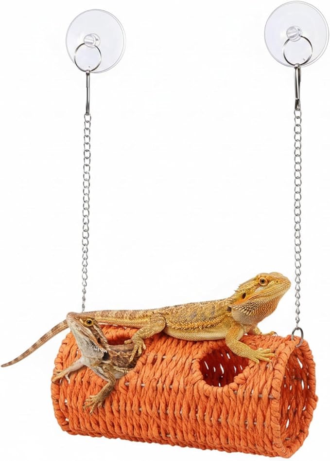CroBlissful Reptile Hide Cave Hollow Cave Hideout with 2 Pcs Suction Cup and Chain Gecko Hide Reptile Tank Decor Seagrass Fiber Climbing Toy for Lizard Snake Hermit Crab (Long Cylindrical,Orange)