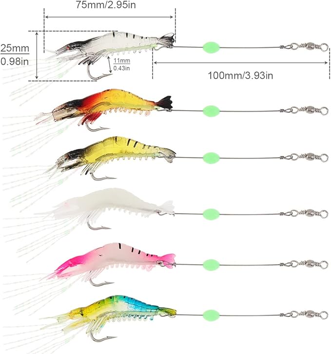 6pcs Saltwater Shrimp Fishing Lures, Fishing Shrimp Lures Luminous Silicone Soft Bait for Freshwater Saltwater
