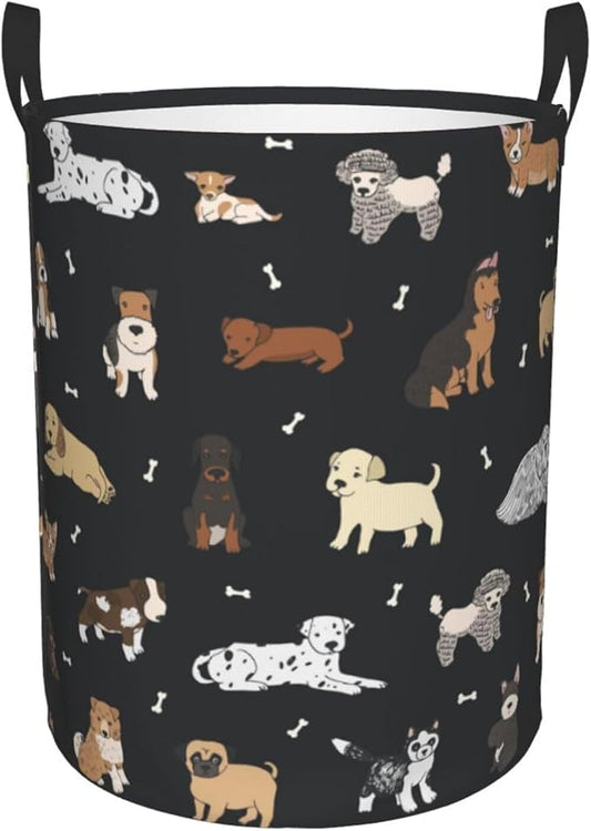 Cute Dogs Round Laundry Hamper Cartoon Puppy Animals Storage Basket Toys Clothes Organizer Bin For Home Bathroom Bedroom Dorm Nursery, 38l