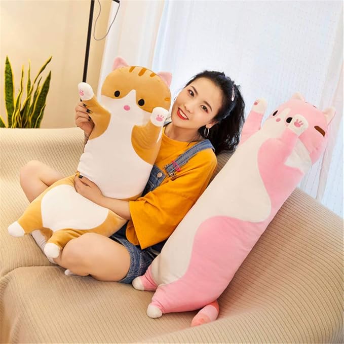 shangman Lovely Plush Cat Doll Cute Cartoon Soft Stuffed Kitten Pillow Long Throw Sleeping Pillow Doll Toy Gift for Kids Girlfriend Multiple Size (Pink,110cm/43.3in)