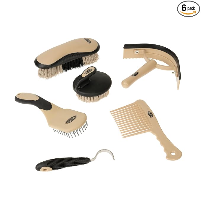 Weaver Equine 6-Piece Horse Grooming Kit, Ergonomic Gentle Horse Care Kit, Equestrian Supplies for Bathing Support, Detangling, and More, Black/Tan