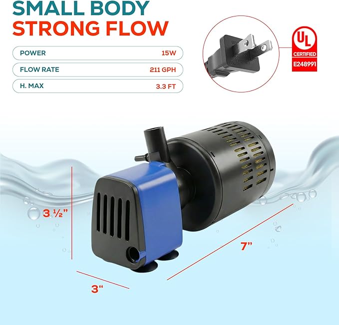 Aqua Dream 210 GPH Internal Aquarium Filter - 3 in 1 Submersible Powerhead Pump with Air Oxygenation & Sponge Filtration, 15W Adjustable Flow Water Cycling Pump for Fish Tanks - 7 Pcs