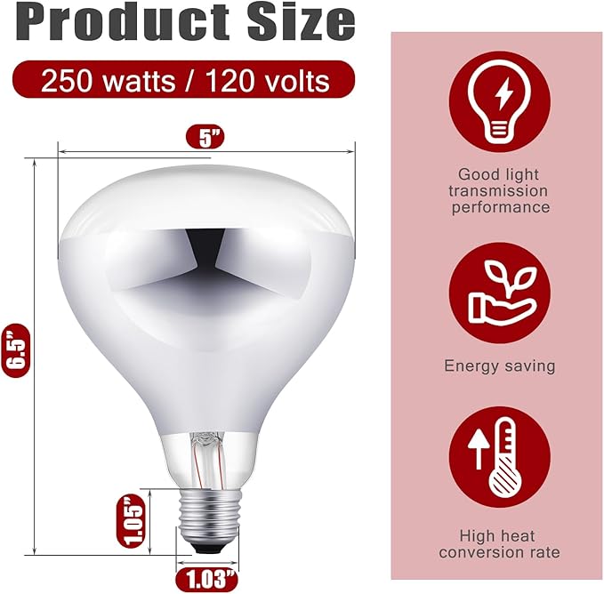 VIHOSE 2 Pack 250 Watt Heat Lamp 120v R40 Heat Lamp Bulbs Glass Incandescent Light Bulbs Incandescent Heating Lightbulbs for Reptiles Chicks Food Puppies Bathroom, Use E26 Base (Silver, Red)