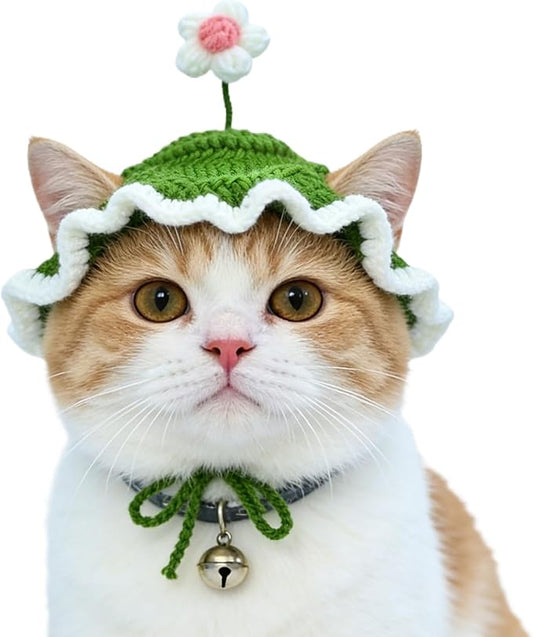 Flower Cat Hat, Cotton & Soft Cute Knitted Hats for Cats Birthday Party Spring Puppy Hat for Small Pets (Green,M)