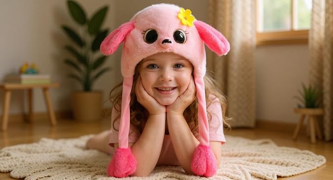 Bubblepompom Animal Hat with Ears Moving Jumping Pop Up Beating Hat Plush Holiday Cosplay Dress Up Funny Gift for Kids