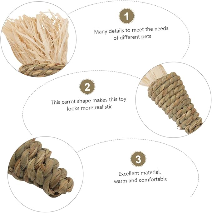 TOYANDONA 3Pcs Natural Grass Carrot Chew Small Animal Teeth Cleaning Chewing for Rabbits Guinea Pigs Chinchillas Hamsters Stress Relief Molar Care Pet Supplies
