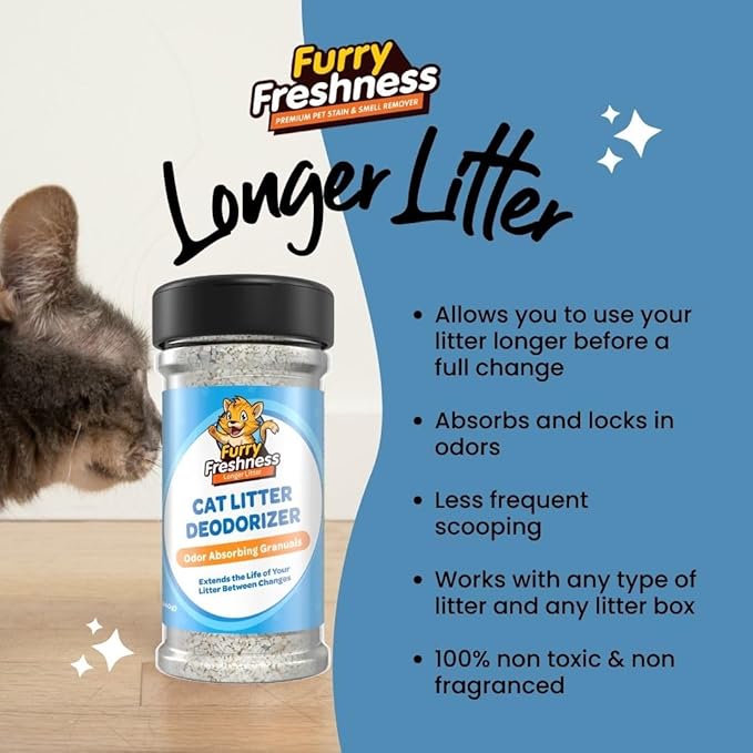 FurryFreshness Cat Litter Deodorizer & Litter Box Odor Eliminator - Works With All Litters To Increase The Life Of Your Litter -Made In USA -Nontoxic, Fragrance Free Odor Control (1 Pack)