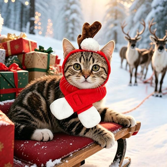 NAMSAN Cat Christmas Reindeer Costume, Small Dog Max Antler with Santa Scarf, Xmas Small Pet Single Reindeer Headband Scarf Outfit, Adjustable Cat Elk Antler and Red Scarves for New Year Cosplay