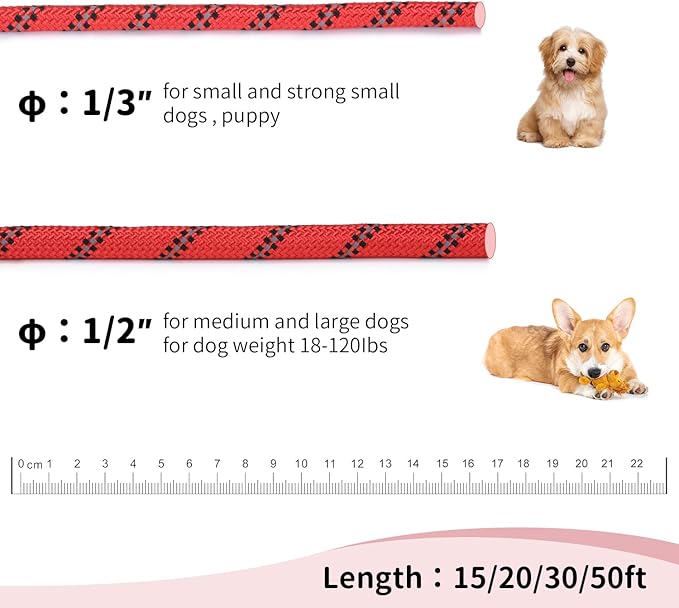 Long Dog Leash for Training 50Ft-Reflective Nylon Rope with Swivel Hook-Recall Agility Lead for Large Small Medium Dogs Outside Walking Hiking-Red