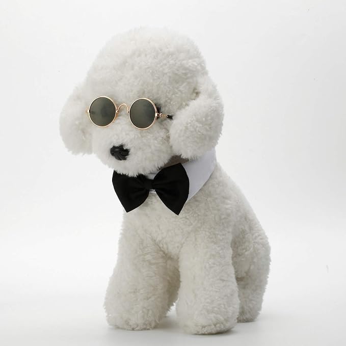 2 Pieces Pets Dog Cat Bowtie Tie Sunglasses Pets Costume Adjustable Formal Necktie Collar for Cats Small Dogs Puppy Round Metal Classic Retro Sunglasses Grooming Accessories Cosplay Party(Black White)
