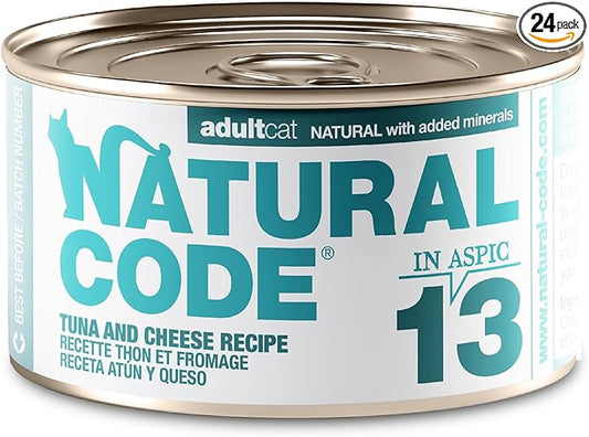 Natural Code - 24 Pack Wet Cat Food, Limited Ingredient Cat Food, High-Protein, Non-GMO, No Artificial Additives, Made in Italy, Tuna and Cheese in Broth for Adult Cats, 3 oz