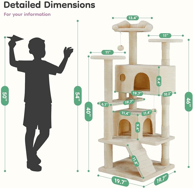 DUMOS 54 Inch Indoor Cat Tree Tower with Scratching Posts, Multi-Level Pet House for Large Cats with 2 Condos, Round Platform, Small Ladder, and Toys – Perfect for Cats of All Ages, Beige