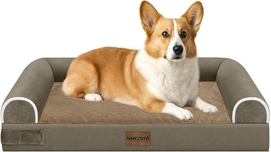 NANUYA Orthopedic Dog Bed for Medium Dogs, 30 x 20 Inch, Brown | Egg crate foam for joint support, 3-sided bolster pet sofa, waterproof lining, washable cover, and non-skid base