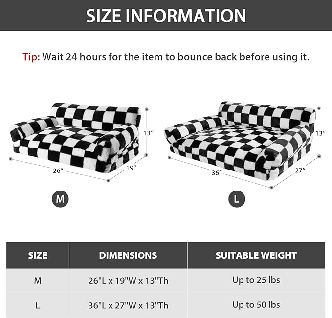 BFPETHOME Dog Couch Bed, Cute Pet Sofa with Non-Slip Bottom, Checkered Dog Bed with Washable Cover, XL Pet Couch (Black&White)