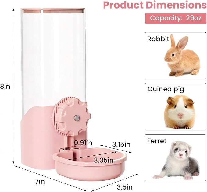 Rabbit Water Bottle for Cage Crate, 29oz No Drip Hanging Automatic Pet Water Dispenser for Small Animal Guinea Pig Bunny Chinchilla Ferret Hedgehog Puppy Cat (Pink)