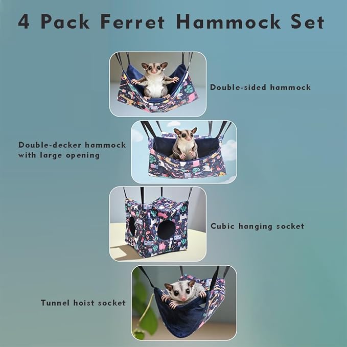 4 Pack Ferret Hammock, Soft Small Animal Washable Guinea Pig Hideout Bed Ferret Cage Accessories for Rat Sugar Glider Squirrel Guinea Pig Hedgehog Hamster (Navy Blue)