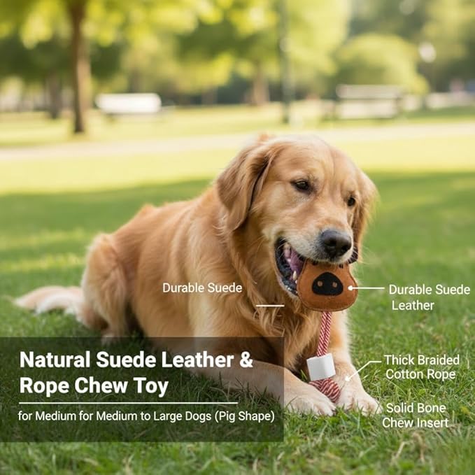 Natural Suede Leather & Rope Dog Chew Toy with Knotted Rope Bone Design Interactive Tug Toy for Medium and Large Dogs Daily Play Use Indoor Chew Toy (Pig Shape)