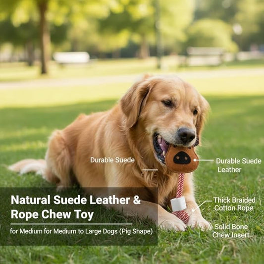 Natural Suede Leather & Rope Dog Chew Toy with Knotted Rope Bone Design Interactive Tug Toy for Medium and Large Dogs Daily Play Use Indoor Chew Toy (Pig Shape)