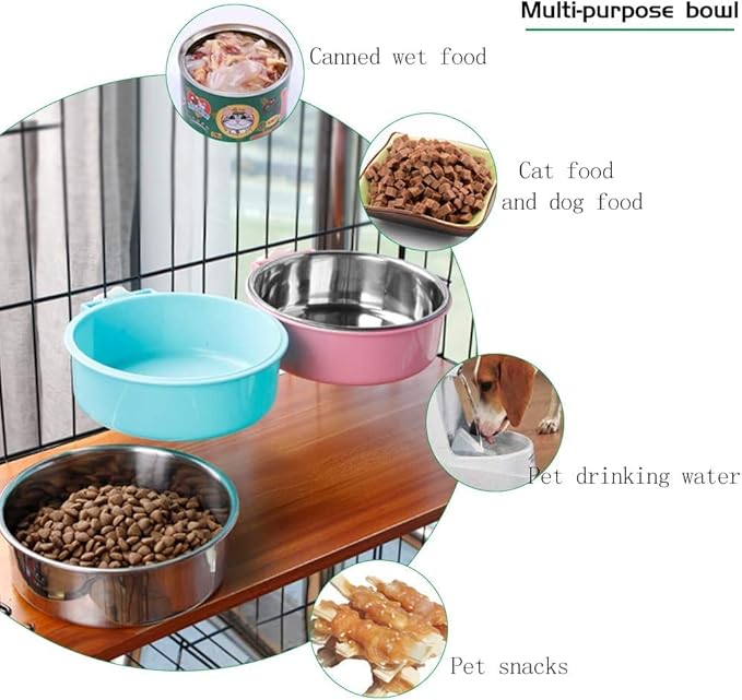 Andiker Pet Bowl 2-in-1 Removable Stainless Steel Food Bowl for Puppy/Cat, Hanging Cage Large Water Food Feeder for Dogs Cats (Small, Pink)