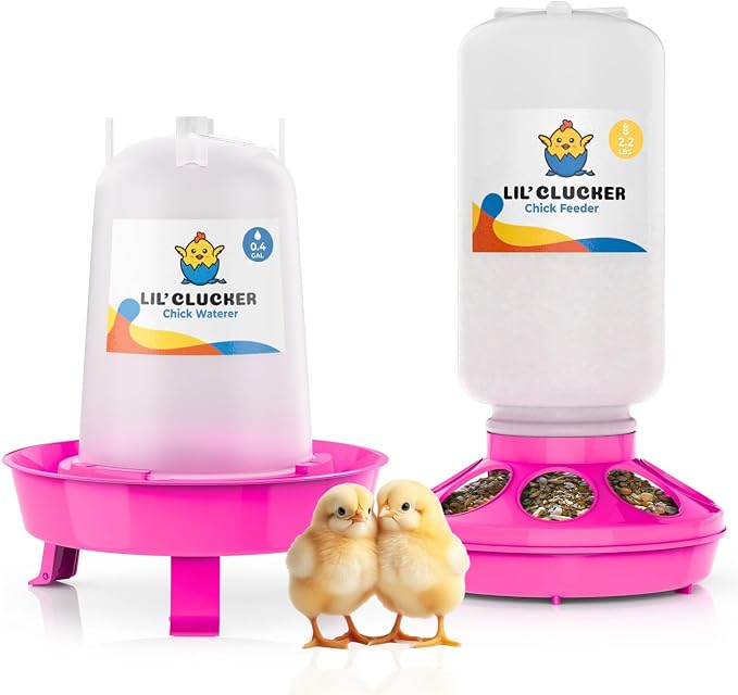Lil'Clucker 1L Chick Feeder, 1.5L Chicken Waterer - No Leakage Chick Feeder and Waterer Kit, Durable Chicken Water Feeder, Chicken Feeder and Waterer Set, Poultry Waterer (Pink)