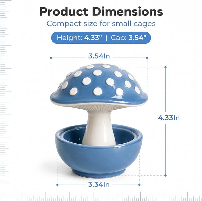 Cute Mushroom Ceramic Bird Water Dispenser & Seed Bowl, Premium Glazed Anti-Dust Feeding Dish for Small Parrots, Conures, Hamsters, Heavy Duty Cage Accessory