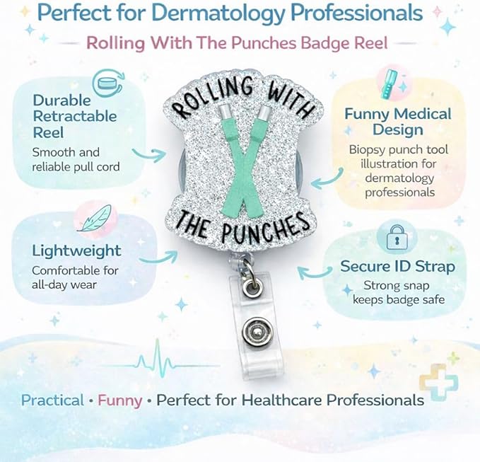 Rolling with The Punches Badge Reel Funny Humor Derm Dermatology Work ID Name Holder with Retractable Clip Appreciation Gift for Dermatologist Esthetician Dermatome Cardiology Physical Therapists