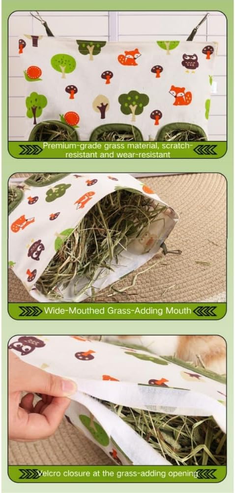 Rabbit Hay Feeder Bag for Cage Guinea Pig Timothy Hay Dispenser Storage Manger Hanging Large Less Waste for Bunny Guinea Pig Chinchilla (Love Strawberry,Medium)
