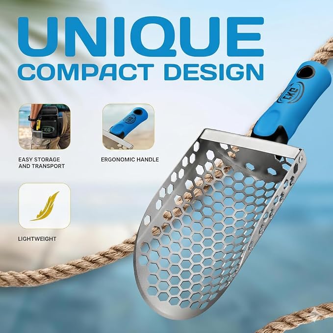 CKG Hand Sand Scoop for Metal Detecting with Ergonomic Blue Handle, Detecting Shovel for Beach Sand Sifter, Heavy Duty Stainless Steel, Perfect from Metal Detector Accessories