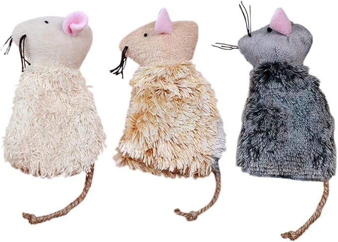 Ipetboom Refillable Catnip Toys for Cats - 3 Pack Interactive Cat Chew Toys for Indoor with Natural Long Fur and Jute Tail, Durable Plush Mouse Pet Fun Tool for Hunting and Boredom Relief