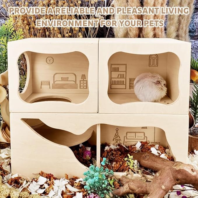 Hamster Hideout Wooden House,Hamsters Multi Chamber Hideout,Small Animal Habitat for Clear Observation,Hamster Toys for Dwarf Hamstersm,Gerbils, Hedgehogs, Rats, Mice
