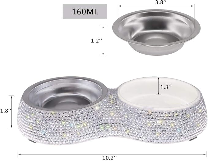 SAVORI Small Dog Bowls, Handmade Bling Rhinestones Stainless Steel Pet Bowls Double Food Water Feeder for Puppy Cats Dogs Cats (Silver-320ml)