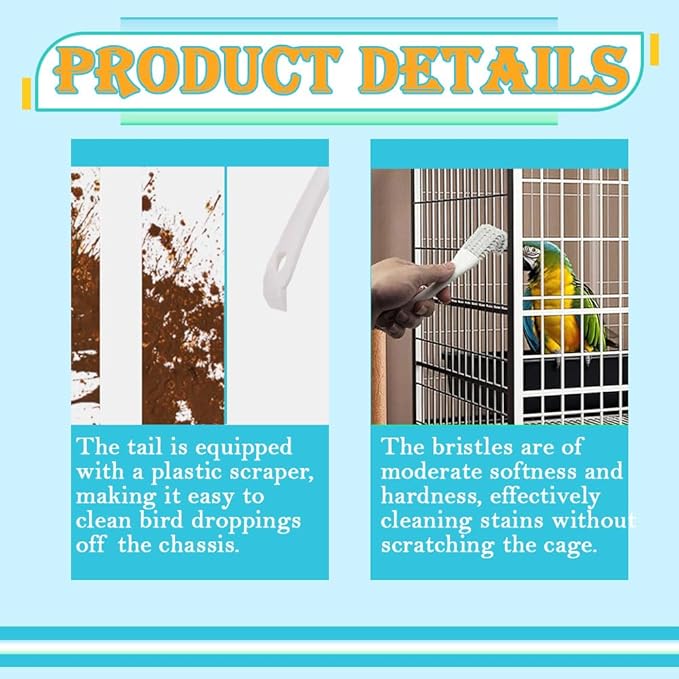 2 PCS Bird Cage Brushes with Scraper, 2-in-1 Birds Cage Cleaner Brush & Scoop with Long Handle and Curved Head for Cleaning Parrot & Pet Cages & Bird Perch (White)