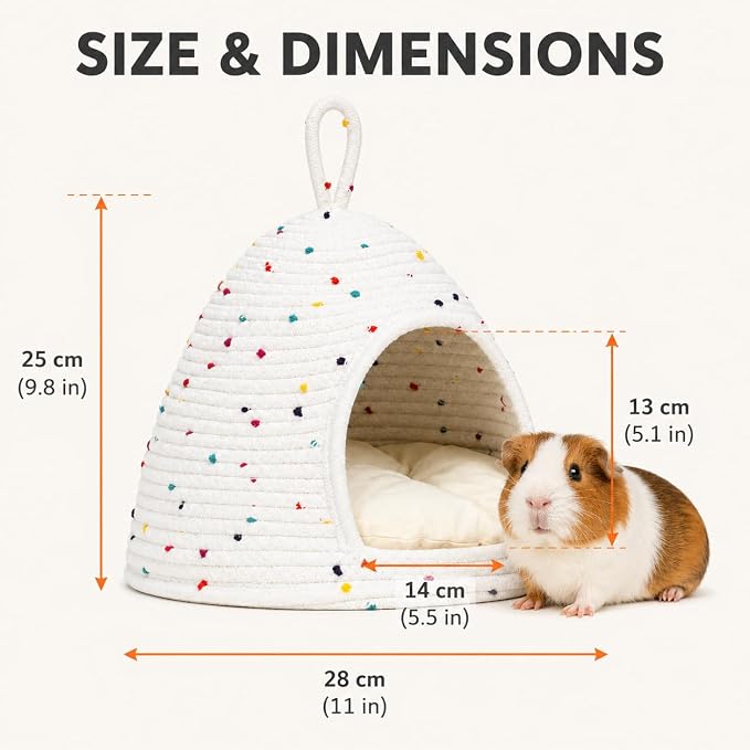 Guinea Pig Hideout Bed, 11 x 9.8 in Small Animal Hideaway House with Removable Cushion, Washable Cotton Rope Cozy Cave for Guinea Pigs, Chinchillas, Hedgehogs, Hamsters, Small Bunny