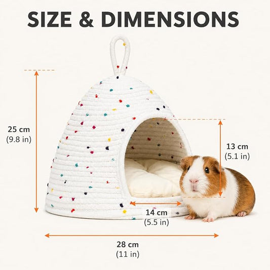 Guinea Pig Hideout Bed, 11 x 9.8 in Small Animal Hideaway House with Removable Cushion, Washable Cotton Rope Cozy Cave for Guinea Pigs, Chinchillas, Hedgehogs, Hamsters, Small Bunny
